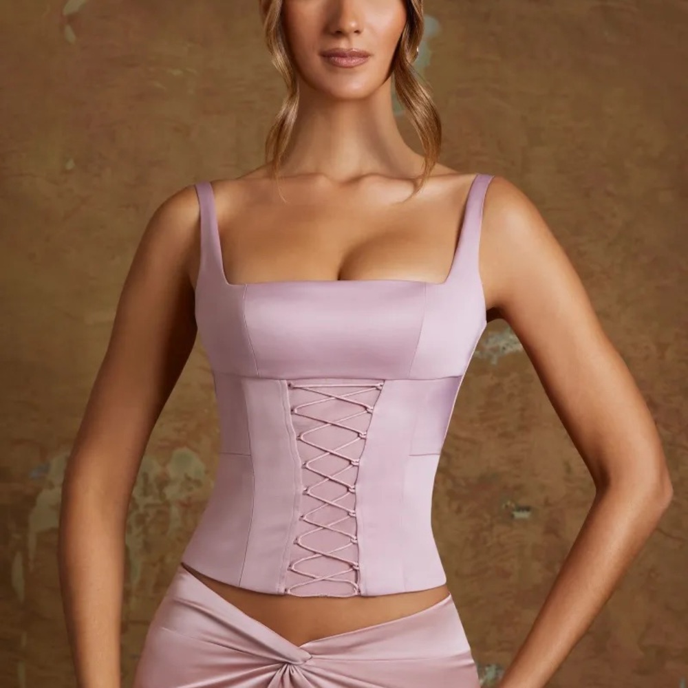 Oh Polly Elegant Lace Up Pink Corset Top in Mauve